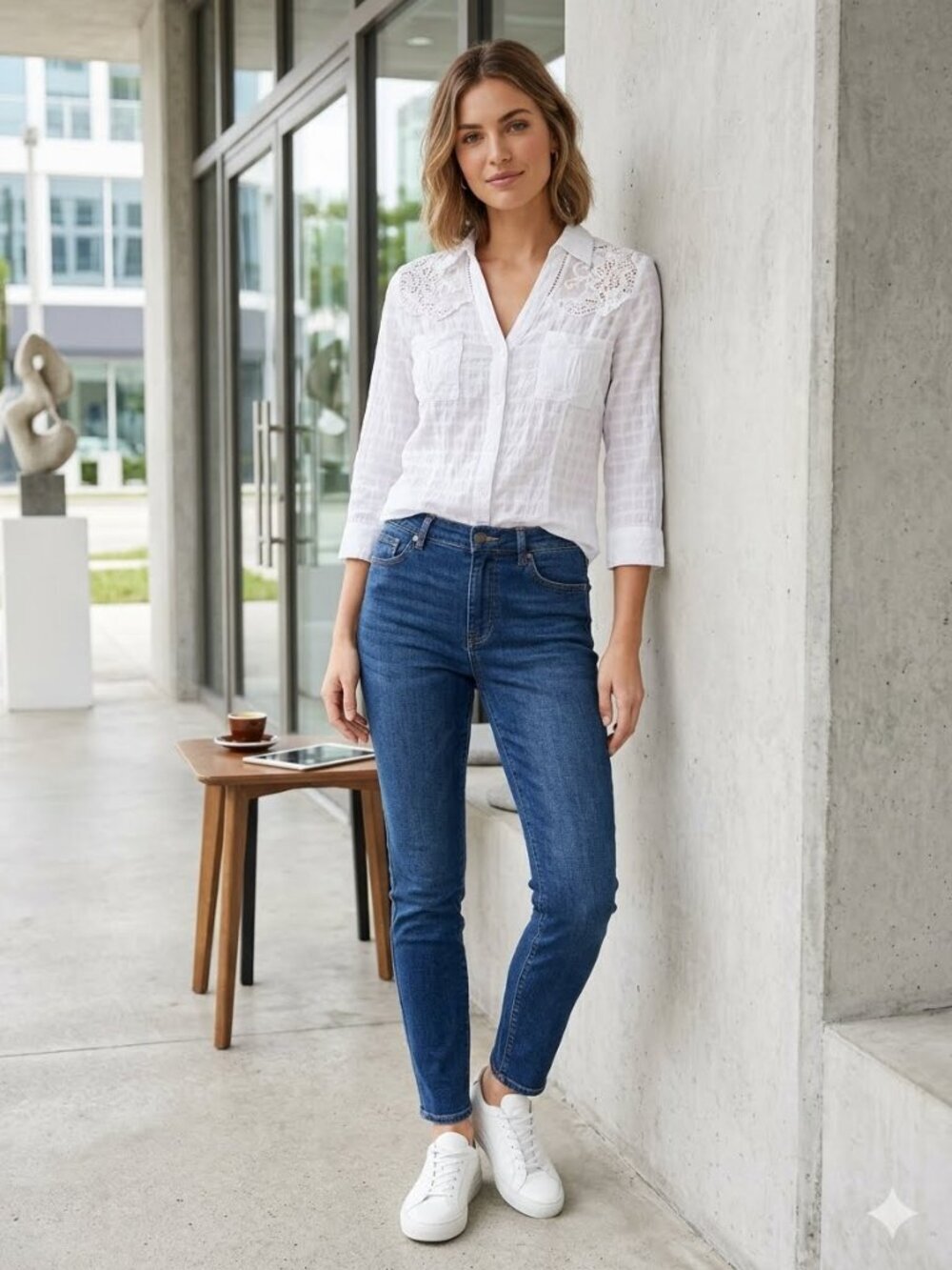 Eden & Olivia Women's PL White Crochet Lace Embroidered Pockets Button Down Top